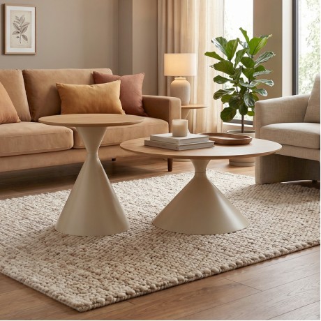 MISTRAL Set-2 Coffee Tables D.50cm+D.70cm Metal Beige/Natural
