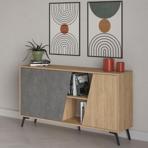 Μπουφές Fiona Megapap χρώμα φυσικό οξιάς - γκρι ρετρό 150x35,6x82εκ.