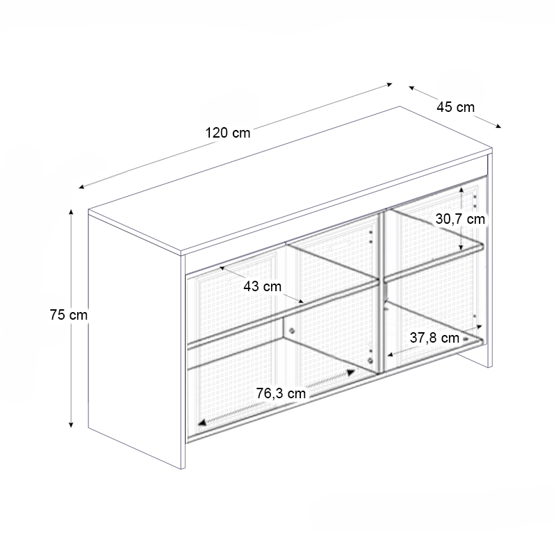 Galatea Megapap melamine buffet in white - black rebab color 120x45x75cm.