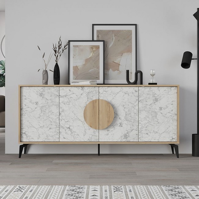 Μπουφές Gora Megapap χρώμα φυσικό οξιάς - λευκό εφέ μαρμάρου 180x35,6x82εκ.