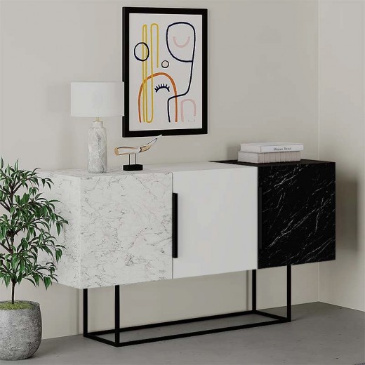 Μπουφές Tontini Megapap χρώμα λευκό - μαύρο εφέ μαρμάρου 150x42x79,5εκ.