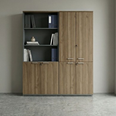 Venturo Megapap melamine office bookcase with doors in athracite - walnut color 160x40x200cm.