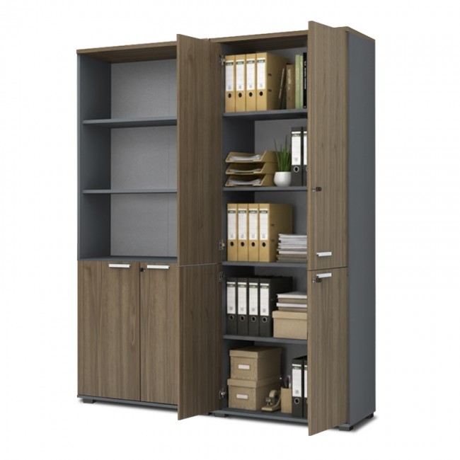 Venturo Megapap melamine office bookcase with doors in athracite - walnut color 160x40x200cm.