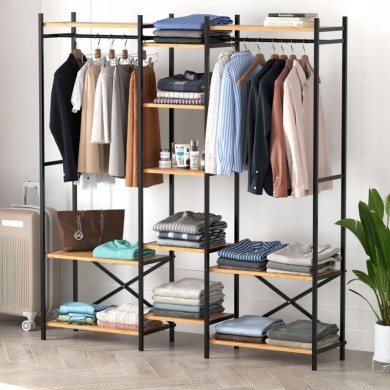 Openix Megapap melamine - metal open wardrobe - hall stand in black - pine oak color 171.7x34.2x180.7cm.