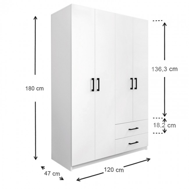 Ντουλάπα ρούχων Dacota Megapap τετράφυλλη με συρτάρια χρώμα λευκό 120x47x180εκ. Ντουλάπα ρούχων Dacota Megapap τετράφυλλη με συρτάρια χρώμα λευκό 120x47x180εκ.