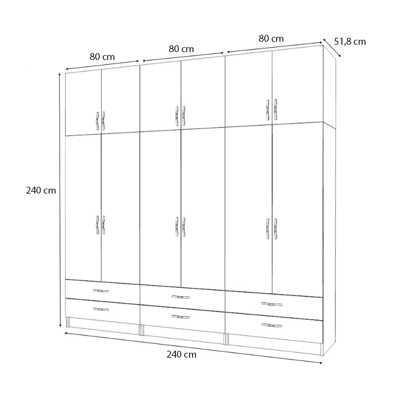 Ricardo Megapap six doors melamine wardrobe with cabinet in walnut color 240x51,8x240cm.