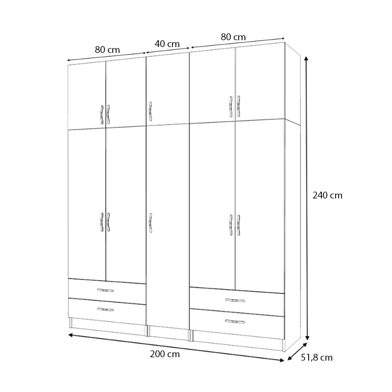 Ricardo Megapap five doors melamine wardrobe with cabinet in walnut color 200x51,8x240cm.