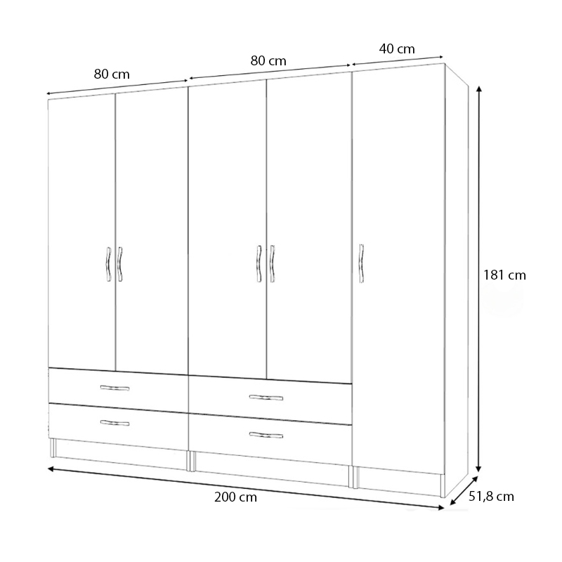Ricardo Megapap five doors melamine wardrobe in walnut color 200x51,8x181cm.