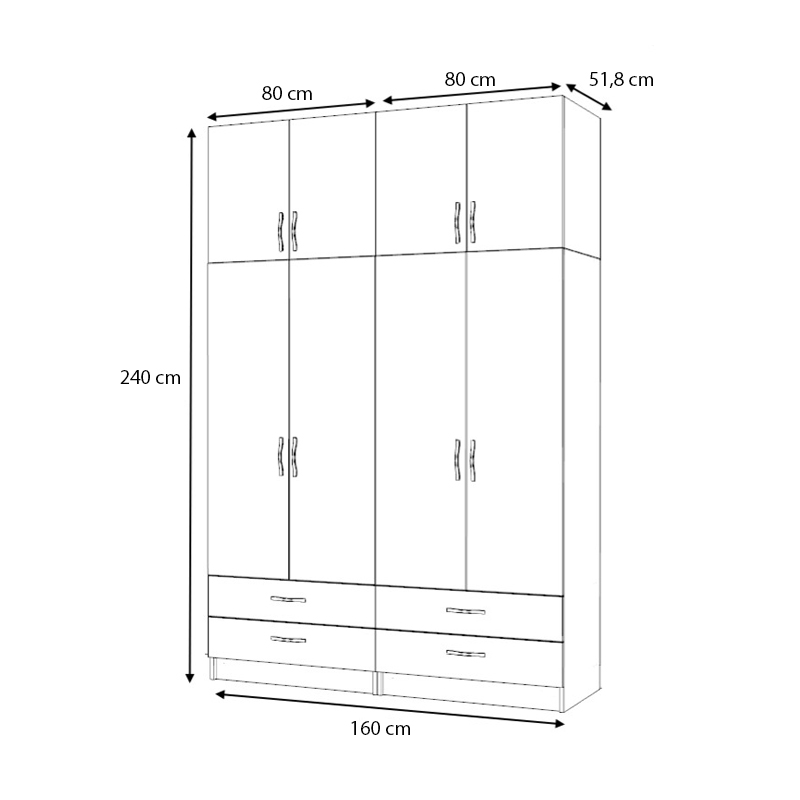 Ricardo Megapap four doors melamine wardrobe with cabinet in white color 160x51,8x240cm.
