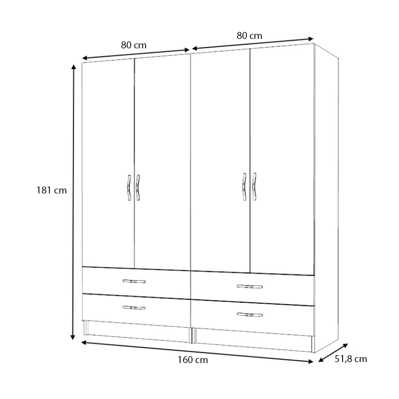 Ricardo Megapap four doors melamine wardrobe in anthracite color 160x51,8x181cm.