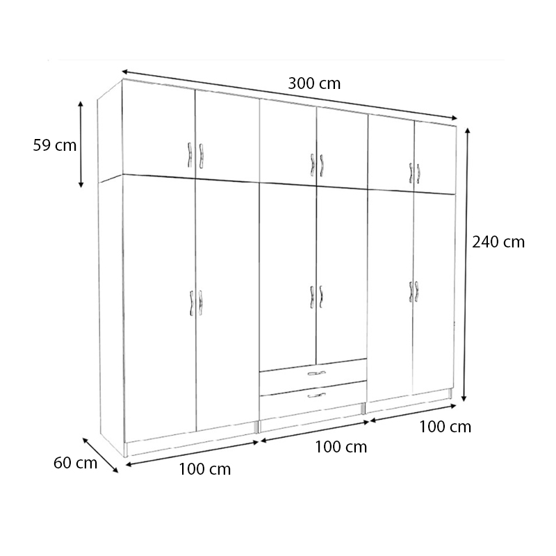 Victoria Megapap six doors melamine wardrobe with cabinet in walnut color 300x60x240cm.