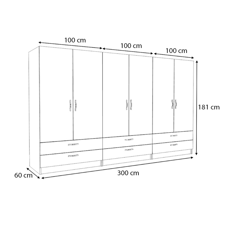 Victoria Megapap six doors melamine wardrobe in walnut color 300x60x181cm.