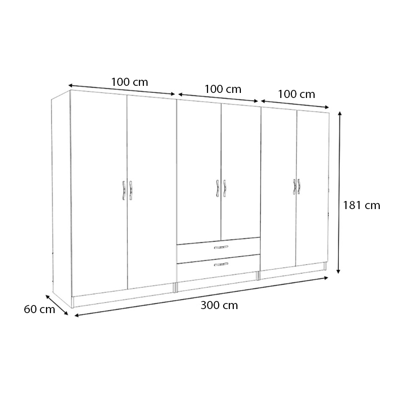 Victoria Megapap six doors melamine wardrobe in walnut color 300x60x181cm.