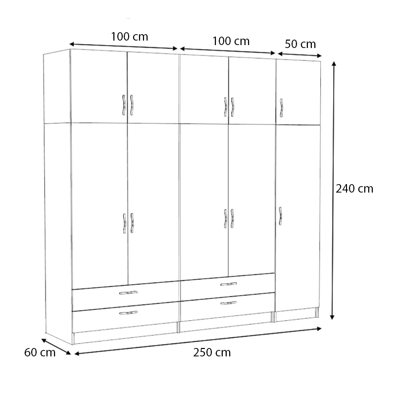 Victoria Megapap five doors melamine wardrobe with cabinet in walnut color 250x60x240cm.
