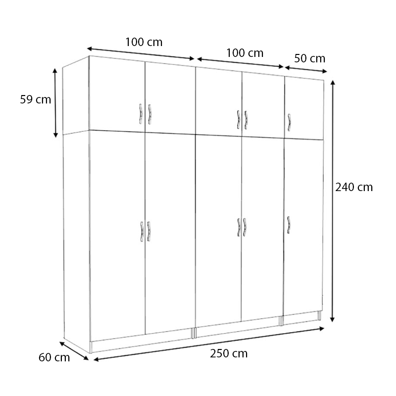 Victoria Megapap five doors melamine wardrobe with cabinet in walnut color 250x60x240cm.