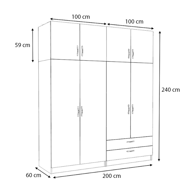 Victoria Megapap four doors melamine wardrobe with cabinet in walnut color 200x60x240cm.