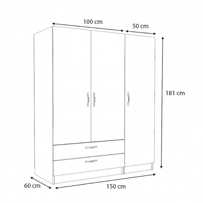 Ντουλάπα ρούχων Victoria Megapap τρίφυλλη με συρτάρια χρώμα λευκό 150x60x181εκ.
