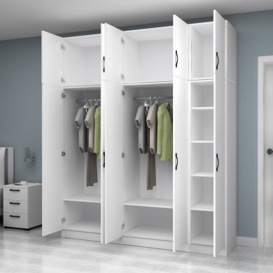 Vivian Megapap  five doors melamine wardrobe with cabinet in white color 200x51.8x240cm.