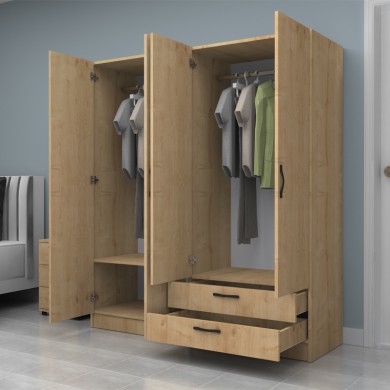 Vivian Megapap four doors melamine wardrobe in oak color 160x51.8x181cm.