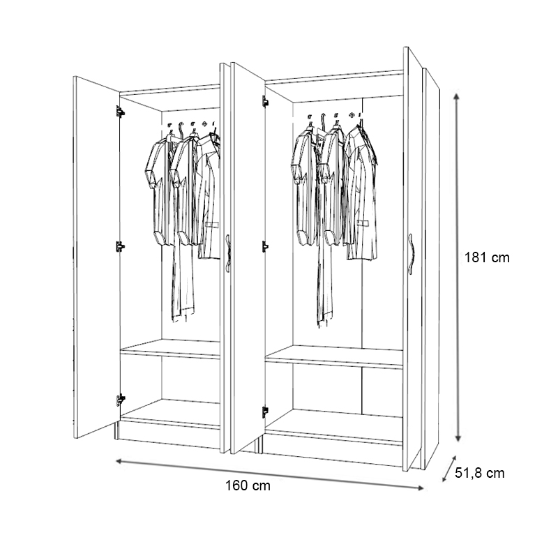 Vivian Megapap four doors melamine wardrobe in walnut color 160x51.8x181cm.
