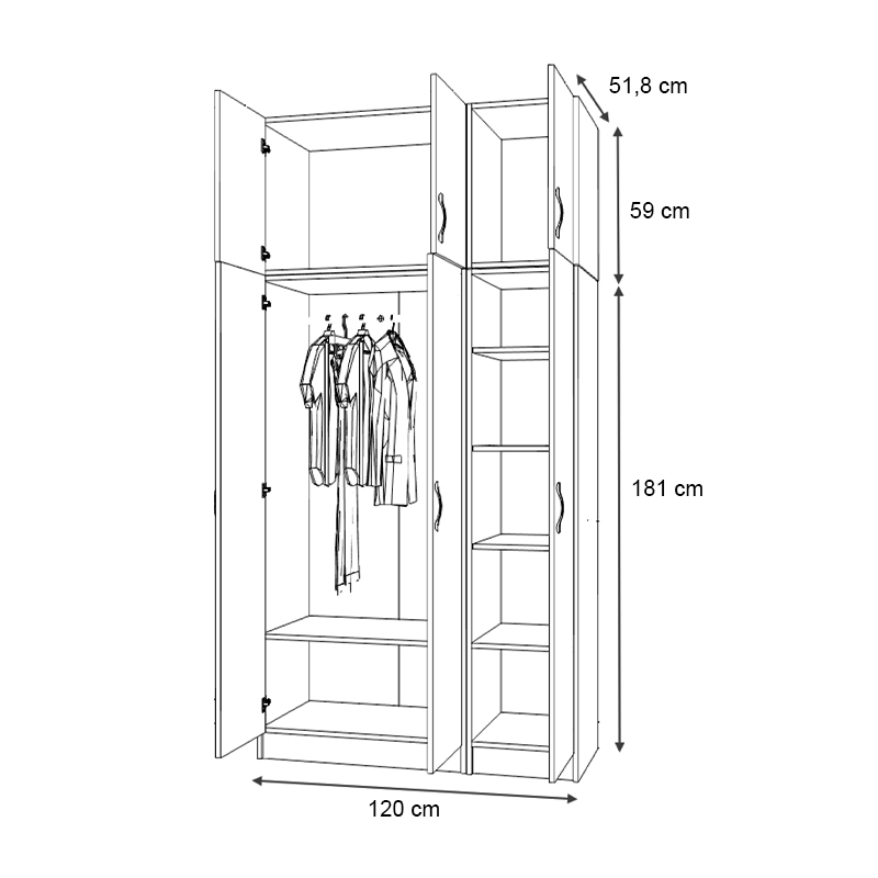 Vivian Megapap three doors melamine wardrobe with cabinet in walnut color 120x51.8x240cm.