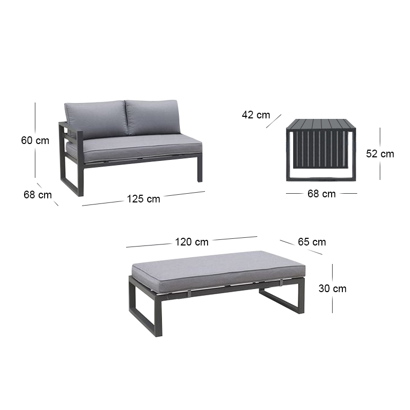 ORBEA Set Alu (Sofa+2 Benches+Coffee Table) Dark Grey/Cushions Dark Grey