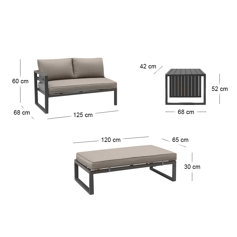 ORBEA Set Alu (Sofa+2 Benches+Coffee Table) White/Cushions Beige