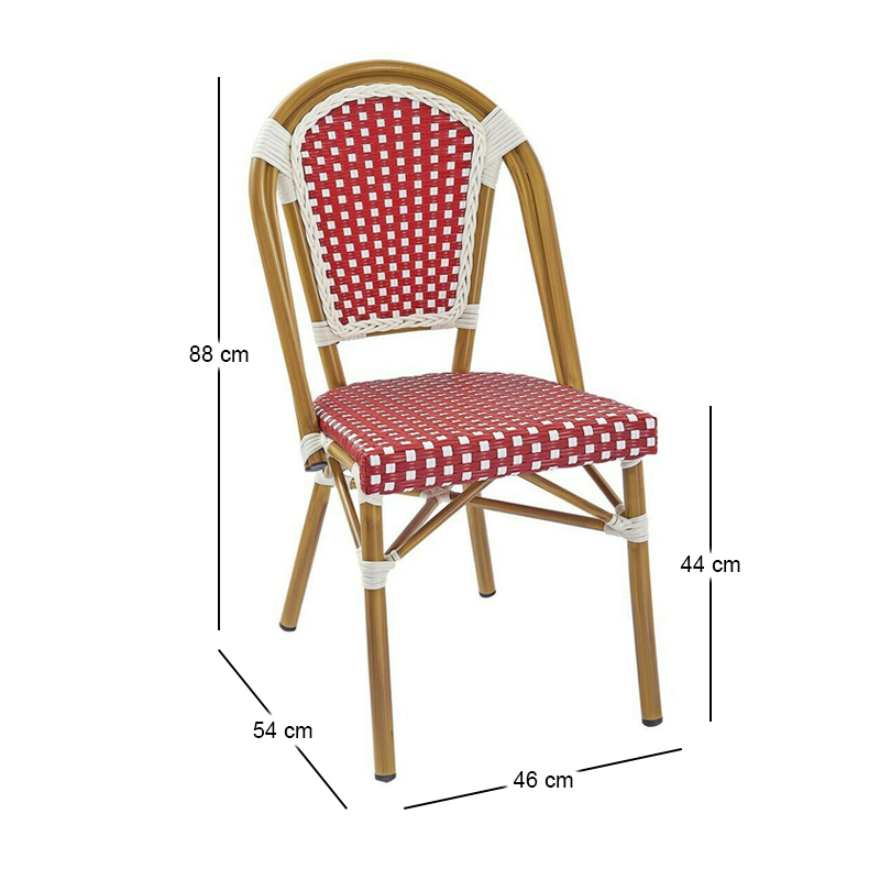 PARIS Καρέκλα Bistro, Αλουμίνιο Φυσικό, Wicker Άσπρο - Κόκκινο, Στοιβαζόμενη