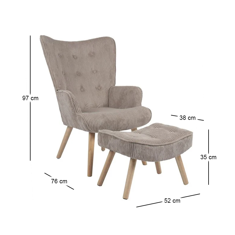 ALMA Set Armchair & Stool Natural / Corduroy Light Brown (K/D)