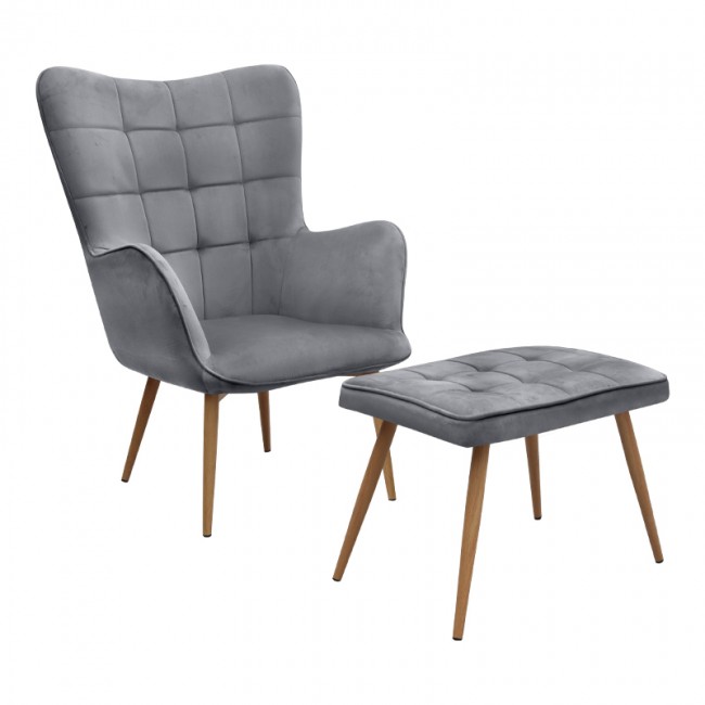 Lily Megapap velvet armchair with stool in grey color 70x62x98cm.