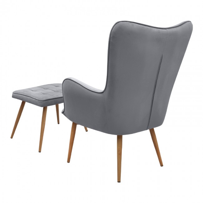 Lily Megapap velvet armchair with stool in grey color 70x62x98cm.