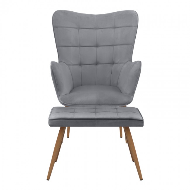 Lily Megapap velvet armchair with stool in grey color 70x62x98cm.