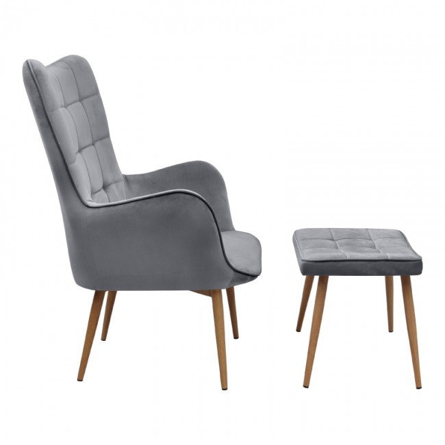 Lily Megapap velvet armchair with stool in grey color 70x62x98cm.