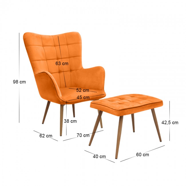 Lily Megapap velvet armchair with stool in yellow color 70x62x98cm.