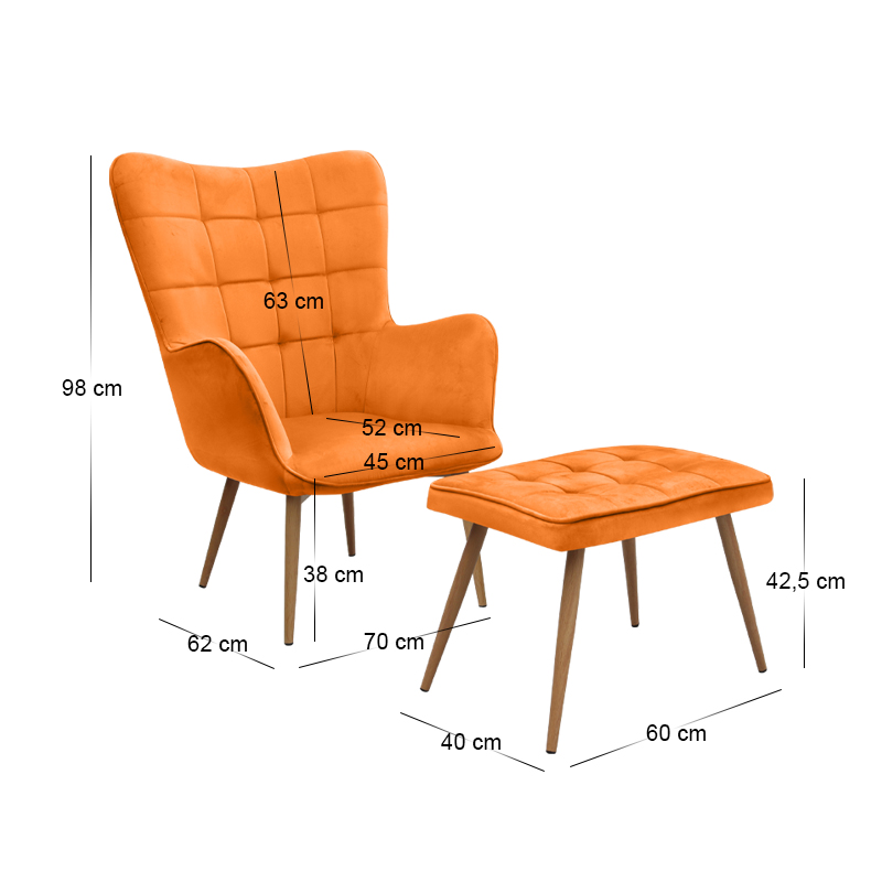 Lily Megapap velvet armchair with stool in yellow color 70x62x98cm.