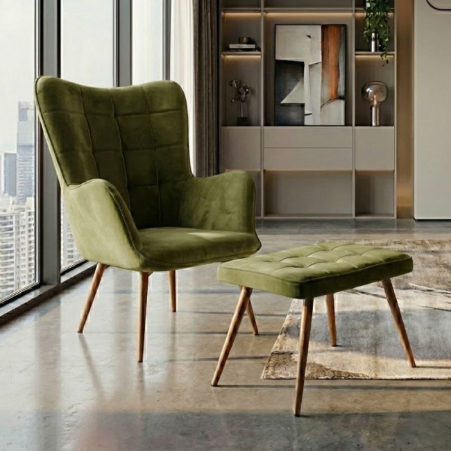 Lily Megapap velvet armchair with stool in olive color 70x62x98cm.