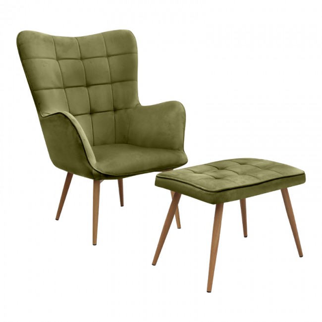 Lily Megapap velvet armchair with stool in olive color 70x62x98cm.