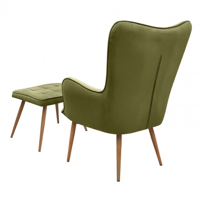 Lily Megapap velvet armchair with stool in olive color 70x62x98cm.