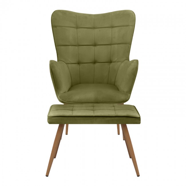 Lily Megapap velvet armchair with stool in olive color 70x62x98cm.