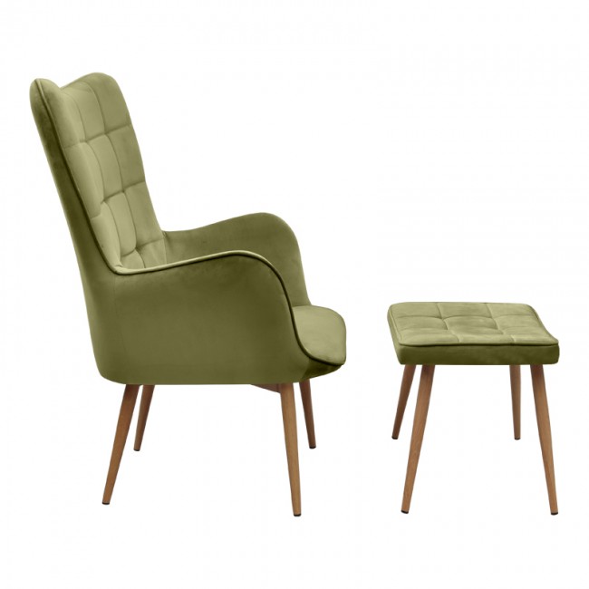Lily Megapap velvet armchair with stool in olive color 70x62x98cm.