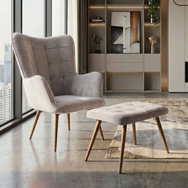 Lily Megapap velvet armchair with stool in beige color 70x62x98cm.