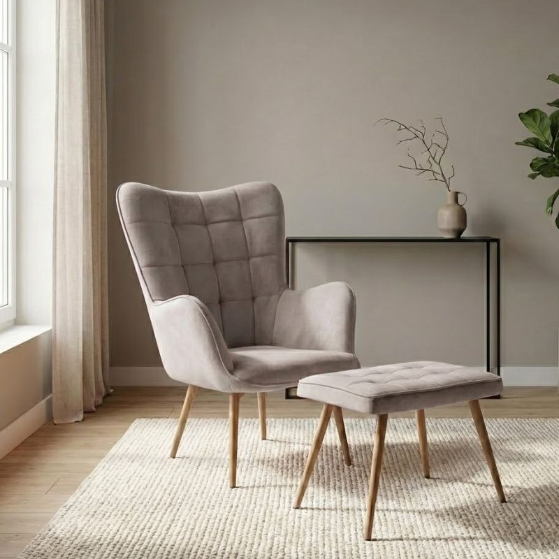 Lily Megapap velvet armchair with stool in beige color 70x62x98cm.
