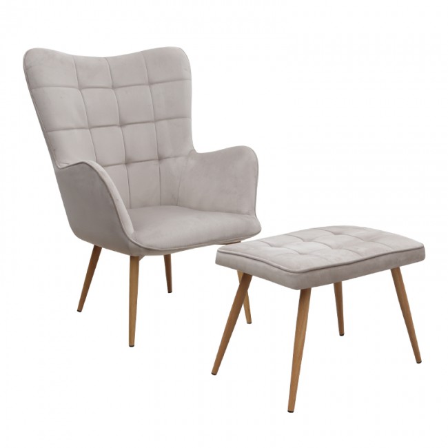 Lily Megapap velvet armchair with stool in beige color 70x62x98cm.