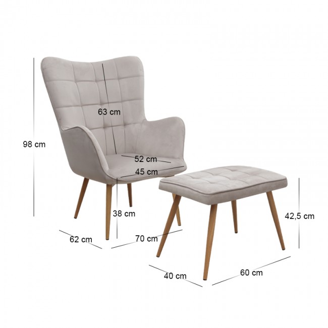 Lily Megapap velvet armchair with stool in beige color 70x62x98cm.