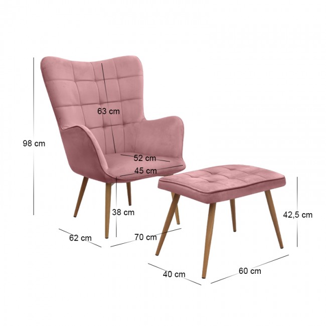 Lily Megapap velvet armchair with stool in rotten apple color 70x62x98cm.