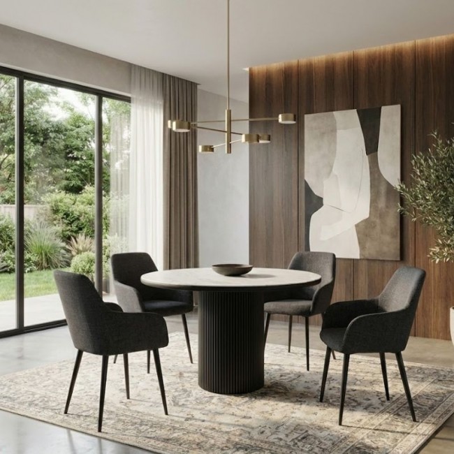 Monica Megapap fabric dining armchair in grey color with black metal leg 54x57x84cm.