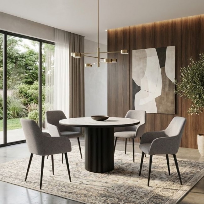 Monica Megapap fabric dining armchair in beige color with black metal leg 54x57x84cm.