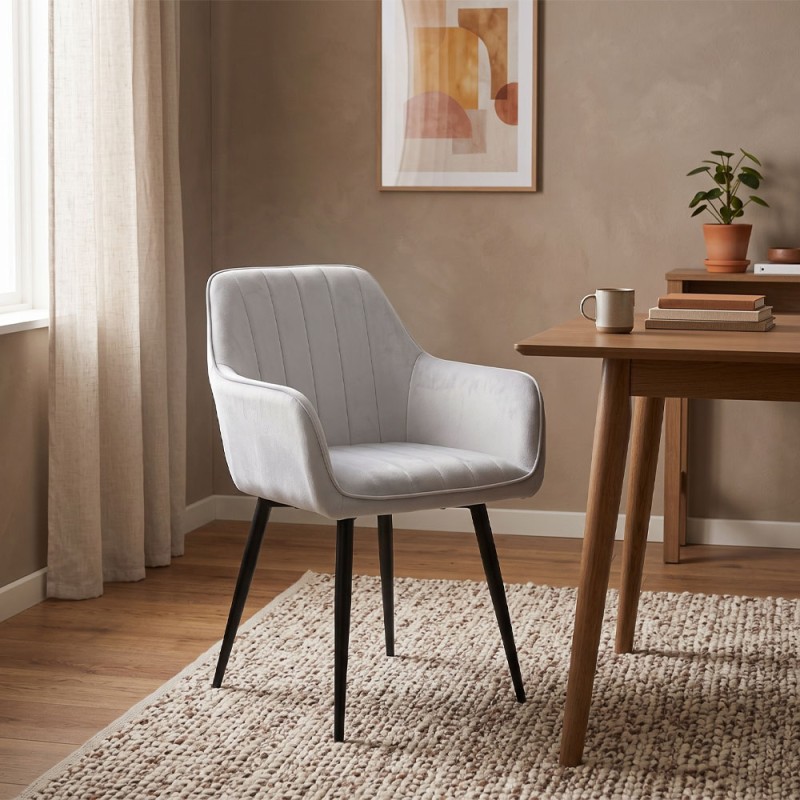 Piero Megapap velvet dining armchair in light grey color with black metal leg 57x60x85.5cm.