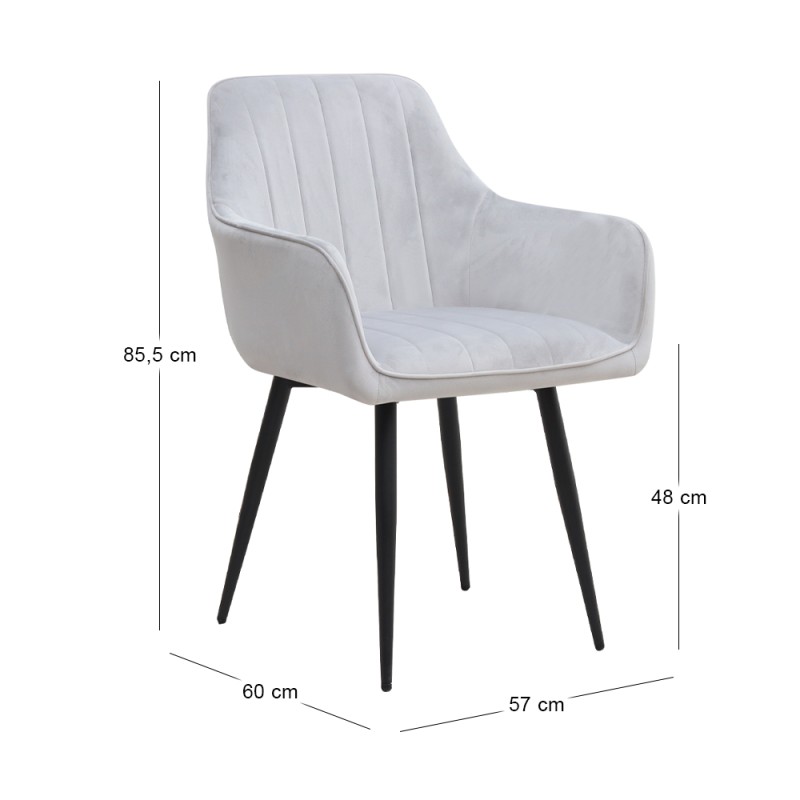Piero Megapap velvet dining armchair in light grey color with black metal leg 57x60x85.5cm.