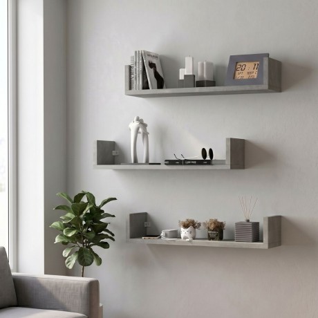 Dark Megapap melamine wall shelves set of 3 in concrete grey color 60x15x12cm.
